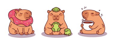 Şirin Capybara çizgi film karakteri seti. Şişme kemirgen, şişme donut yüzüklü, sevimli hayvan kucağında küçük kurbağa arkadaşları, uykulu yaratık sabah kahvesinin tadını çıkarıyor. Kawaii komik maskot çıkartmaları.