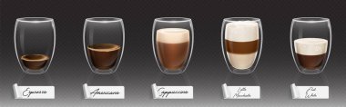 Duble cam bardaklarda gerçekçi kahve setleri. Espresso ve americano, cappuccino, latte macchiato ve bembeyaz. Kremalı, köpüklü ve süt köpüklü çeşitli kafeinli içecekler..