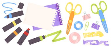 Şirin okul kırtasiye malzemeleri ve el sanatları malzemeleri koleksiyonu - boş sayfa, keçeli kalem ve makas, bant ve pastel renkli ataç içeren eskiz kitabı. Vektör karalama sanat araçları ve çizim aletleri
