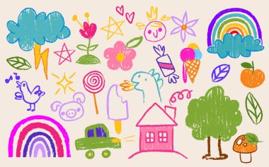 Pastel boya çocuk çizimleri seti. Bulut ve gökkuşağı renkli karalamalar, çiçek ve hayvan, ev ve araba, dondurma ve şeker, ağaç ve mantar. Neşeli el çizimleri çocukların tasarımı için.