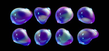 Holografik damlalar koleksiyonu - pembe, mavi ve gri, parlak yansımalar ve şeffaf çarpıtmalardan oluşan parlak neon renkli yanardöner sıvı damlaları. Modern tasarım için modaya uygun soyut şekiller