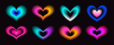 Y2k gradyan kalp seti - siyah arkaplanda parıldayan parlak neon renkler. 90 'ların moda grafik tasarım unsurları için parlak stilize edilmiş romantik sembol koleksiyonu, şirin simgeler.
