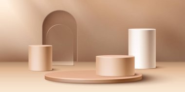 Cam kemerli bej yuvarlak podyumlar - silindirik stantlar veya ürün gösterimi için kaideler. Minimalist geometrik şekiller, katı renkler. Doğal ışık ve gölgeli 3D pastel bg.