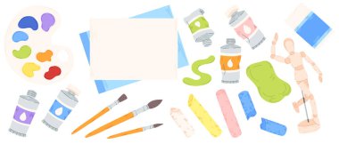 Resim malzemeleri koleksiyonu - renkli boya damlaları ve tüpleri, fırçalar ve tebeşirler, pastel renkli kalemler. Vektör yaratıcı araçlar ve çizim aletleri. Beyaz arkaplanda şirin karalama seti izole.