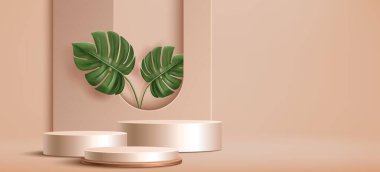 Yeşil canavar yaprağı ve ahşap platformlu lüks podyum. Pastel bej renkli minimalist 3D arka plan. Doğal, organik ürün sunumu için şık bir gösteri. Tropik bitki sahnesi.