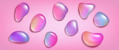 Mor 'dan maviye canlı renkte holografik düşüş şekilleri. Sıvı sıçrama ya da çakıl taşlarından oluşan parlak, düzensiz oval ovaller. Soyut gelecek tasarım elementleri. Yanardöner dekoratif vektör.