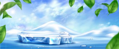 Donmuş buz podyumu ekranı, karla kaplı platform mavi bg üzerinde su damlaları ve uçan yeşil nane yaprakları çerçevesi. Soğuk içecek sunumu için soğuk taze tat konsepti. Gerçekçi 3D dondurucu sahne