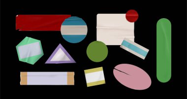 Çeşitli şekillerde vintage fiyat etiketleri ve etiketleri - dikdörtgen ve oval, yuvarlak ve üçgen. Siyah kenarları yıpranmış boş retro etiketler. Eski yapışkan kağıt rozetler ve satış tabelaları.