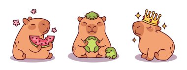 Çizgi film stili sevimli Capybara karakterleri. Karpuz yiyorlar, kurbağa arkadaşıyla oturuyorlar, taç takıyorlar. Şirin tombul kahverengi kemirgenler, parlak gözleri ve gülümseyen yüzleri var. Kawaii hayvan maskotları..