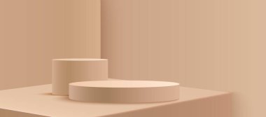 Açık kahverengi arka planda bej renkli, yuvarlak podyum. Ürün gösterisi ya da sunumu için en az boş platform. Yumuşak ışık ve gölgeyle soyut gerçekçi 3D sahne. Pastel monokrom sahnesi.
