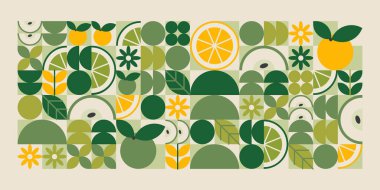 Yeşil geometrik şekiller. Basitleştirilmiş yapraklar ve çiçekler, sıcak sarı meyveler ve ızgara düzeninde zeytin tonları. Şekil verilmiş çiçek elementleri bileşimi. Organik doğa vektörü çizimi.