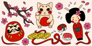 Geleneksel Japon sembolleri ve eşyalarından oluşan şirin çizgi film çizimleri. Maneki neko şanslı kedi, Daruma ve Kokeshi bebek, kiraz çiçeği dalı, suşi nigiri. Kawaii Asya kültürü karalanıyor.