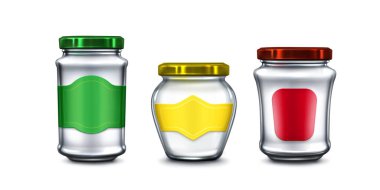 Renkli kapaklı cam kavanozlar. Yeşil, sarı, kırmızı ve etiketli. Konserveler için şeffaf konteynırlar, yiyecekleri korumak için. Reçel, bal ya da sos için boş şişelerin gerçekçi 3D modelleme