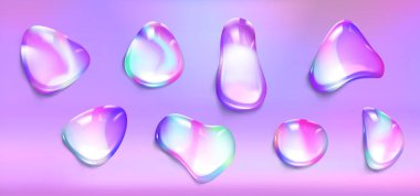 Mor 'dan maviye canlı renkte holografik düşüş şekilleri. Sıvı sıçrama ya da çakıl taşlarından oluşan parlak, düzensiz oval ovaller. Soyut gelecek tasarım elementleri. Yanardöner dekoratif vektör.