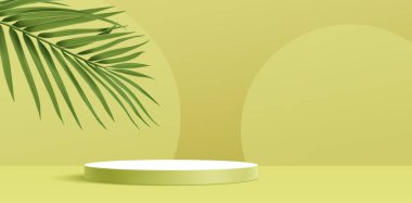 Palmiye yaprağıyla süslü lüks podyum. Pastel zeytin arka planda yeşil tropikal bitki. Yuvarlak beyaz platform, kozmetik ürünler için kaide. Zarif 3D sahne, çevre dostu konsept. .