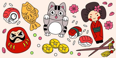 Kızgın Daruma bebeği, şanslı maneki neko kedi, taiyaki balığı şekilli kek, renkli kokeshi bebek, altın sikkeler ve çubuklu suşi - servet, zenginlik ve mutluluk için sevimli Japon sembolleri seti.