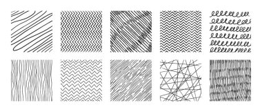 Çapraz desenli örnekler - dalgalı ve zig-zag, çizgili ve kareli dokular. Siyah geometrik mürekkep, arka planda doğrusal şekiller çiziyor. Kenarlıklar ve yüzey tasarımları için elle çizilmiş grafik elementleri.