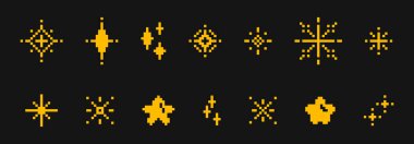 Piksel yıldızları, uzayda sarı geometrik şekiller oluşturur. Pikselleştirilmiş gök cisimlerinin Retro 8 bit oyun cinleri. Minimalist unsurlar, nostaljik varlıklar kozmik maceralarla ya da galaksi geçmişleriyle iç içe..