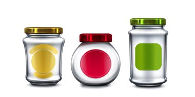 Renkli kapaklı cam kavanozlar. Yeşil, sarı, kırmızı ve etiketli. Konserveler için şeffaf konteynırlar, yiyecekleri korumak için. Reçel, bal ya da sos için boş şişelerin gerçekçi 3D modelleme