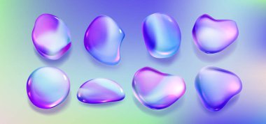 Mor 'dan maviye canlı renkte holografik düşüş şekilleri. Sıvı sıçrama ya da çakıl taşlarından oluşan parlak, düzensiz oval ovaller. Soyut gelecek tasarım elementleri. Yanardöner dekoratif vektör.