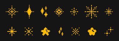 Piksel yıldızları, uzayda sarı geometrik şekiller oluşturur. Pikselleştirilmiş gök cisimlerinin Retro 8 bit oyun cinleri. Minimalist unsurlar, nostaljik varlıklar kozmik maceralarla ya da galaksi geçmişleriyle iç içe..