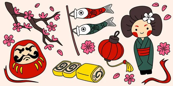 Daruma ve Kokeshi bebekleri, koinobori sazan balığı şeritleri, parlak kırmızı fener ve çiçek, çiçek ve taç yapraklı sakura ağacı dalı - geleneksel Japon kültürel sembollerinin şirin renkli koleksiyonu.