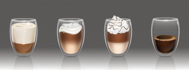 Cam bardaklarda gerçekçi kahve içecekler - köpüklü kremalı latte ve espresso, kapuçino ve kafe tasarımı için macchiato birası koleksiyonu. Şeffaf arka planda izole edilmiş sıcak içecek içecekleri.