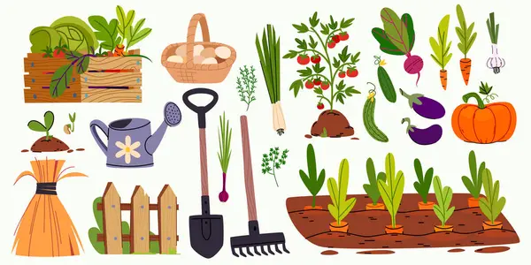 Bahçe aletleri ve sebzeler - tarım ekipmanlarının düz çizimleri, bitkiler ve hasat. Tahta sandık ve sepet yumurta, su kovası ve kürek, tırmık ve çit, saman yığını ve bahçe yatağı..