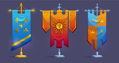 Bayrak oyunu ortaçağ pankartları tribünlerde - altın fleur de lis ile kraliyet mavi flaması, güneş amblemi standardı, damalı kraliyet arması. Kale dekorasyonu veya fantezi roket turnuvası için Krallık amblemleri.