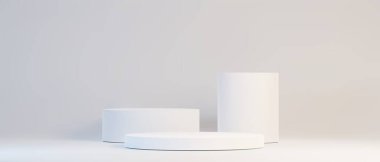 Geometrik dairesel platformlu beyaz minimal sahne kompozisyonu. Ürün gösterisi için temiz modern kaide gösterisi. Zarif sunum modelleme için platformları olan yumuşak ışık arkaplanı.