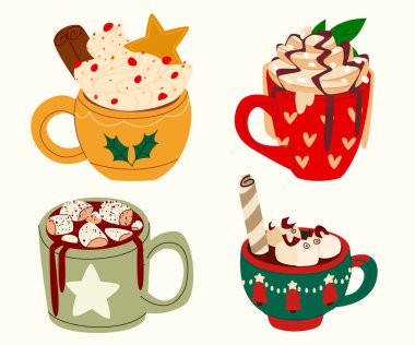 Noel kahve fincanı koleksiyonu. Yıldız kurabiyesi, marşmelov ve tarçın çubuğuyla süslenmiş kremalı fincanlar. Kış tatili için seramik kapta sıcak çikolata ya da kapuçino içilir..