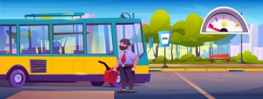 Otobüs şoförü duraktaki kırmızı teneke kutudan yakıt dolduruyor. Üniformalı sakallı adam şehir güzergahları için toplu taşıma tankına teneke kutu taşıyor. Ölçü ölçer, bank, ağaçlı şehir merkezi