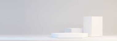 Açık gri arkaplanda minimalist beyaz geometrik podyum. Farklı yükseklik ve şekillerde basit platformlar. Boş stüdyo düzeni. 3D boş ürün görüntüsü. Ürün gösterisi için modern sahne tasarımı.