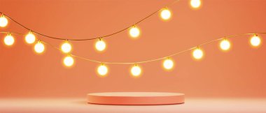 Arka planda çelenk ışığı olan turuncu, yuvarlak bir podyum. Ürün sunumu, parti duyurusu veya ödül töreni için boş sahnenin vektör gerçekçi illüstrasyonu, parlak ampul süslemesi