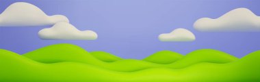 Yeşil tepeli ve mavi gökyüzü olan üç boyutlu bir arka plan. Bahar ya da yaz manzarasının pürüzsüz manzarasının, plasticine tarlasının ve bulutların, güzel doğal arkaplanının, çayır çimlerinin gerçekçi bir temsili.