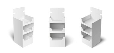 Raflı beyaz karton ekran seti. Boş perakende ürünleri sergileyenler, POS izole edilmiş modeller. Marka tasarımları için 3d vektör boş tanıtım tezgahı sahipleri.