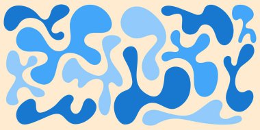 Garip sıvı şekiller desen - beyaz arkaplanda mavi soyut organik biçimler. Retrogroovy kabarcıklar, dalgalı kıvrımlar, psikedelik tasarım elementleri. Lav lambası süsü, 70 'lerin estetik süslemeleri..