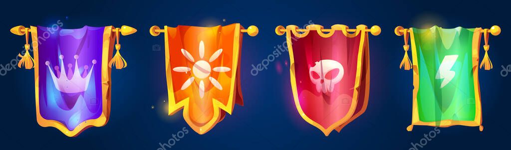 Medieval game flags on golden poles - purple crown banner, orange sun emblem, red skull pennant, green lightning bolt standard. Magical fantasy kingdom banners with tassels for rpg castle adventure.
