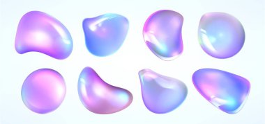 Holografik değişim damlaları - canlı pastel pembe ve mor, turkuaz ve mavi tonlarda renkli soyut damlalar. Yanardöner sıvı şekiller. Parlak dekoratif sıvı elementler, parlak vektör kabarcıkları.