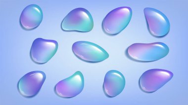 Mor 'dan maviye canlı renkte holografik düşüş şekilleri. Sıvı sıçrama ya da çakıl taşlarından oluşan parlak, düzensiz oval ovaller. Soyut gelecek tasarım elementleri. Yanardöner dekoratif vektör.