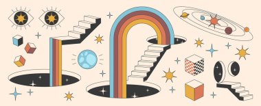 Renkli gökkuşağı kemerleri, yüzen geometrik küpleri, karanlık boşluklara açılan merdivenleri, mistik gözleri, gezegensel yörüngeleri, ışıldayan yıldızları ve boyutsal geçitleri olan sürreal kapı koleksiyonu..