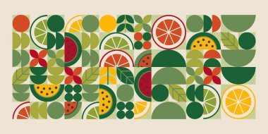 Karpuz, limon, kireç ve portakal şekilli yeşil geometrik meyve dilimleri. Dairelerin renkli mozaik bileşimi, yarım daireler şebeke düzeni oluşturur. Sağlıklı gıda retro dekoratif vektörü.