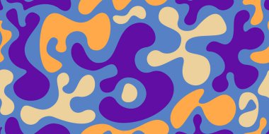 Garip sıvı şekiller desen - mavi arkaplanda renkli soyut organik formlar. Retrogroovy kabarcıklar, dalgalı kıvrımlar, psikedelik tasarım elementleri. Lav lambası süsü, 70 'lerin estetik süslemeleri..