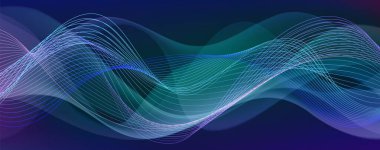 Soyut neon ışık dalgaları - koyu mavi arkaplanda parlayan kıvrımlı çizgiler, canlı renkler maviden yeşile dönüşüyor. Müzik albümü kapağı için fütüristik ses görselleştirme kavramı