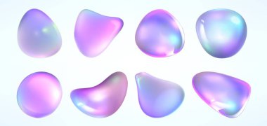 Holografik değişim damlaları - canlı pastel pembe ve mor, turkuaz ve mavi tonlarda renkli soyut damlalar. Yanardöner sıvı şekiller. Parlak dekoratif sıvı elementler, parlak vektör kabarcıkları.