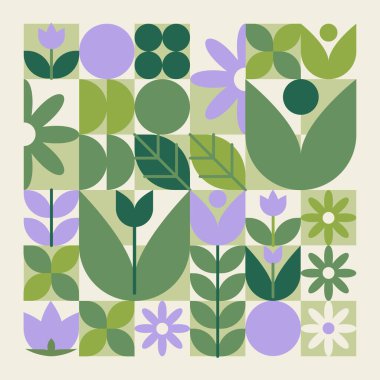 Geometrik çiçek deseni düz organik yapraklar, açık yeşil ve mor tonlarda taç yaprakları ve çiçekleri şekillendirir. İlkbahar veya bahçe tasarımı için modern minimal çiçek unsurları arka plan tasarımı.