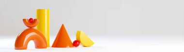 Gri arka planda parlak turuncu, sarı ve kırmızı geometrik şekilli blok oyuncak afişi. Eğitimsel oyun için renkli kemer ve silindir, koni ve küre yapı elementleri.