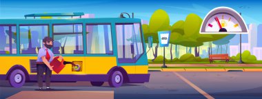 Otobüs şoförü duraktaki kırmızı teneke kutudan yakıt dolduruyor. Üniformalı sakallı adam şehir güzergahları için toplu taşıma tankına teneke kutu taşıyor. Ölçü ölçer, bank, ağaçlı şehir merkezi