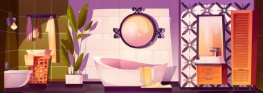 Beyaz küvetli, yuvarlak aynalı, dekoratif fayans duvarlı ahşap depo dolabı olan şık bir banyo sahnesi. Çamaşır sepeti, saksı bitkileri, sıcacık spa atmosferinde asılı havlular..