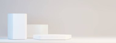 Geometrik platformlu beyaz minimal sahne kompozisyonu. Ürün gösterisi için temiz modern kaide gösterisi. Zarif sunum modelleme için platformları olan yumuşak ışık arkaplanı.